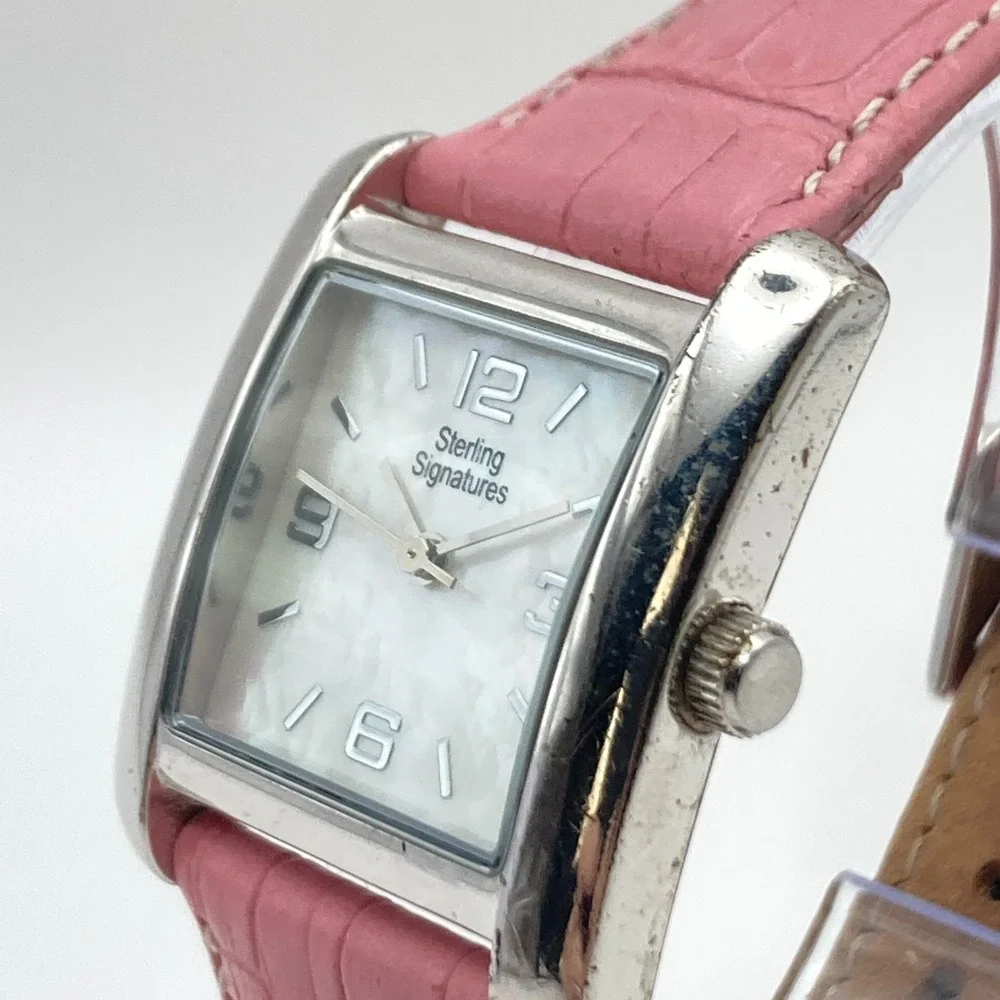 Sterling Signatures Women's Watch 28mm Silver 925 MOP Dial Leather New Battery